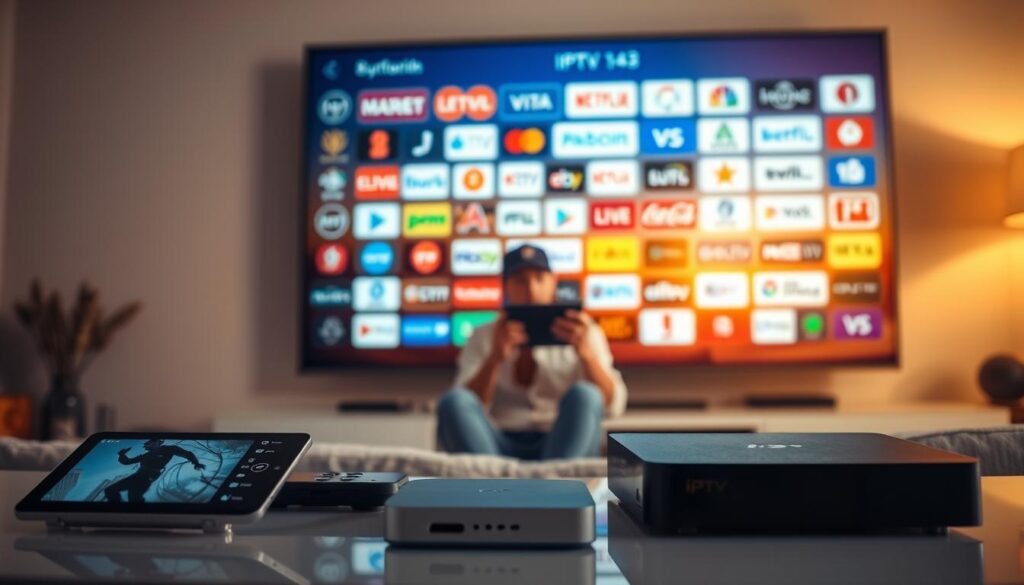 A modern living room setting, with a large flatscreen TV mounted on the wall. In the foreground, various devices like a smartphone, tablet, and streaming box are arranged, all connected to the IPTV system. The middle ground showcases a person casually browsing content on their tablet, while in the background, the TV displays a diverse array of channel logos, reflecting the global reach of the IPTV service. The lighting is warm and inviting, creating a comfortable and tech-savvy atmosphere. The composition emphasizes the seamless integration of IPTV across multiple devices, catering to the needs of a tech-savvy, multimedia-centric household.
