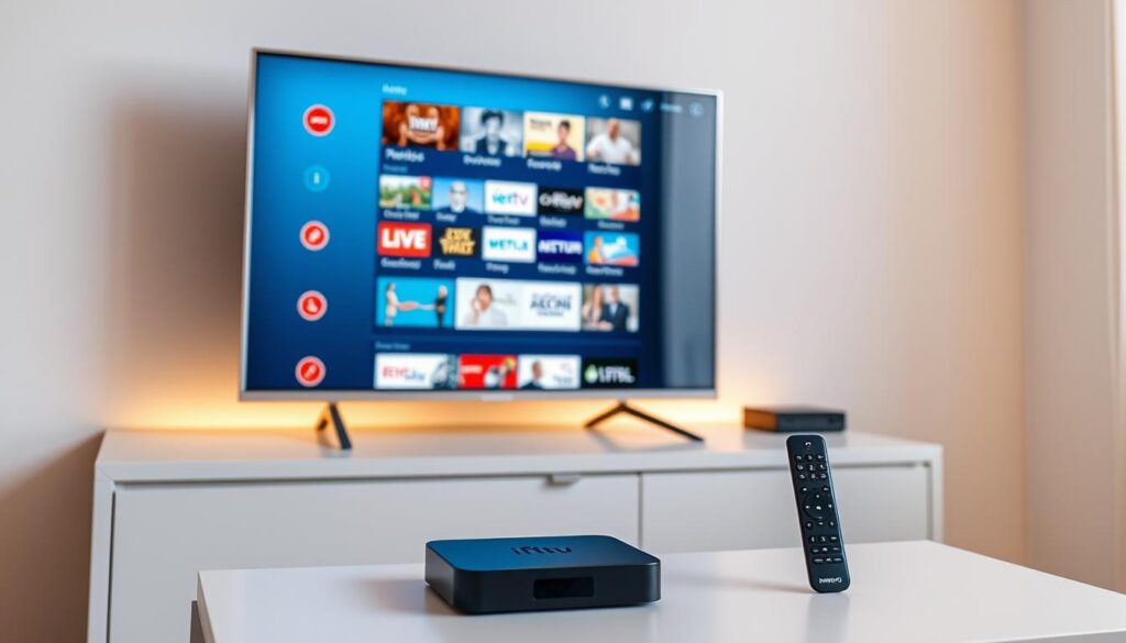 A modern, minimalist home entertainment setup featuring a sleek smart TV and an Android TV box on a clean, white media stand. Soft indirect lighting casts a warm glow, highlighting the minimal, user-friendly interfaces of the devices. The TV screen displays a vibrant, high-quality IPTV stream with a diverse selection of live channels and on-demand content. The Android box sits nearby, its simple, intuitive remote control in focus, ready to seamlessly navigate the IPTV service's user-friendly menus. The overall scene conveys a sense of technological sophistication and effortless home entertainment.