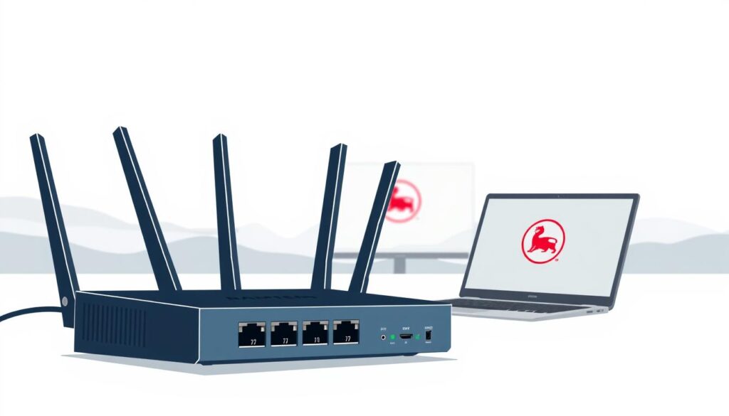A modern, minimalist illustration depicting the technical requirements for optimal Bundesliga streaming. In the foreground, a sleek, high-speed internet router with multiple ethernet ports and Wi-Fi antennas, conveying a fast, reliable connection. The middle ground features a laptop or smart TV, representing the streaming device, with a Bundesliga logo subtly displayed on the screen. The background shows a clean, abstract landscape with muted colors, evoking a sense of digital efficiency and technological prowess. The overall composition should have a cool, sophisticated tone that aligns with the subject matter.