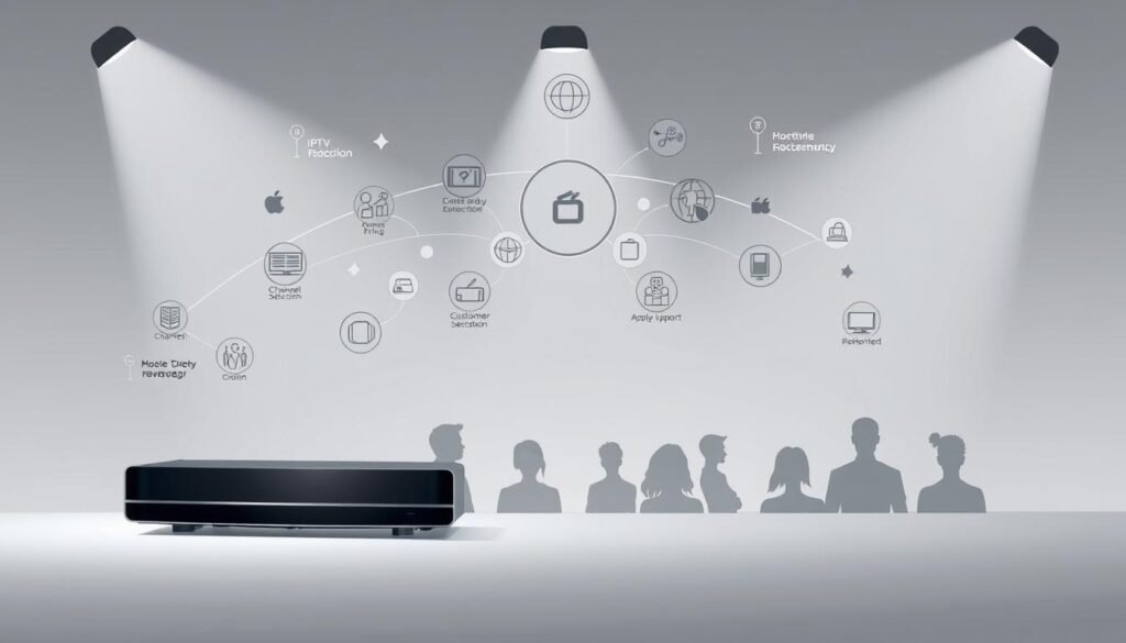 A modern, minimalist illustration showcasing the key factors to consider when choosing an IPTV provider. A clean, uncluttered layout with simple geometric shapes and subtle gradients. The foreground features a sleek, futuristic-looking device representing the IPTV service, surrounded by a constellation of icons and infographic elements highlighting aspects like video quality, channel selection, pricing, and customer support. The middle ground contains silhouettes of various user profiles, conveying the diverse needs and preferences of IPTV consumers. The background has a soft, muted color palette, creating a sense of professionalism and sophistication. Crisp, high-contrast lighting from multiple angles emphasizes the key details and creates depth. An overall tone of technological innovation, user-centric design, and informed decision-making.