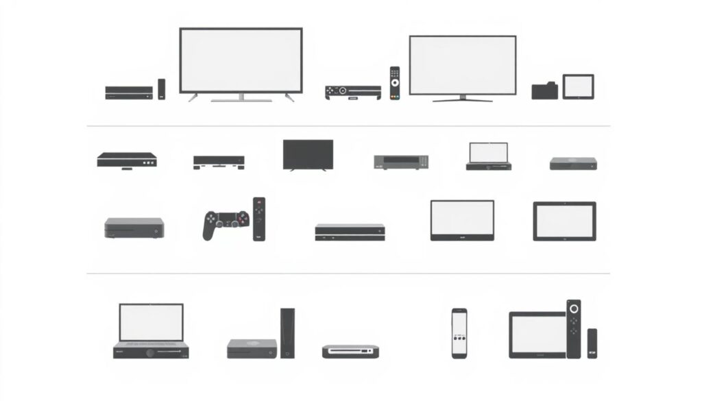 A modern, minimalist infographic showcasing various IPTV devices compatible with popular streaming platforms. Set against a plain white background, the image features silhouettes of smart TVs, set-top boxes, game consoles, and mobile devices neatly arranged in rows. The devices are rendered in a muted, monochromatic color palette to emphasize their versatility and functionality. Subtle grid lines and clean typography provide a sense of structure and balance, reflecting the reliable and user-friendly nature of the IPTV service. The overall aesthetic is sleek, informative, and tailored to the tech-savvy audience of the article.