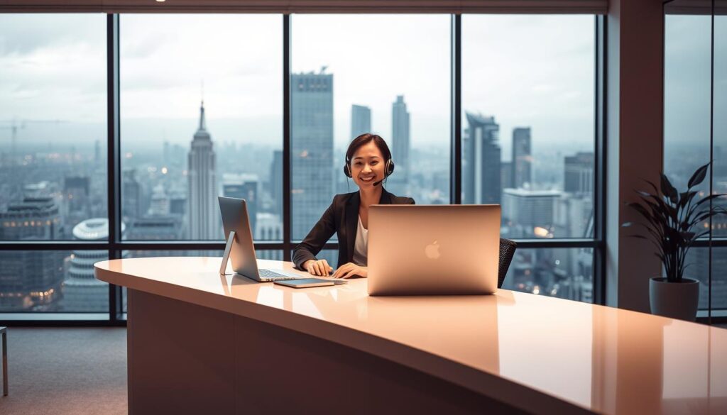 A modern office interior with a customer service representative seated at a sleek, minimalist desk. Warm, diffused lighting casts a soothing glow, creating a welcoming atmosphere. The agent's friendly, attentive posture conveys professionalism and a dedication to providing exceptional support. In the background, a large window overlooks a bustling city skyline, symbolizing the global reach of the service offered. The scene exudes a sense of efficiency, responsiveness, and a commitment to meeting the needs of customers worldwide, day or night.