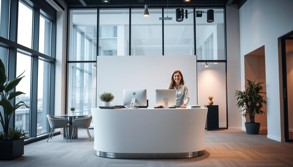 A modern, professional office interior with a dedicated IPTV customer support desk. The desk is situated in the middle ground, with a sleek, minimalist design in neutral tones. In the foreground, a helpful customer service representative is assisting a client, their expressions conveying a positive and attentive demeanor. The background features floor-to-ceiling windows, allowing natural light to flood the space and create a bright, airy atmosphere. Subtle branding elements, such as a discreet logo or signage, are visible, reinforcing the IPTV provider's identity. The overall scene emanates a sense of efficiency, reliability, and a commitment to customer satisfaction.