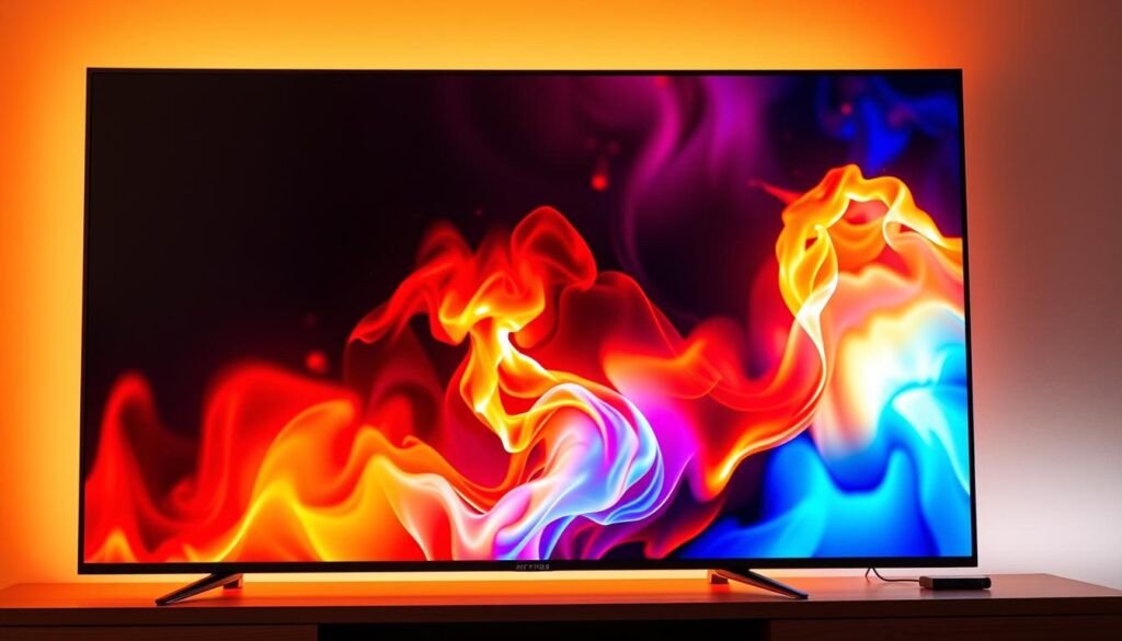 A modern, sleek 4K UHD smart TV display showcasing Premium IPTV content in vivid high-definition. The screen is illuminated by warm, soft lighting that creates a cozy, cinematic atmosphere. In the center, a vibrant, ultra-high-quality image fills the display, capturing the essence of premium streaming entertainment. The TV is presented against a minimalist background, allowing the visuals to take center stage. The composition emphasizes the clarity, sharpness, and color depth of the image, conveying a sense of high-end, immersive viewing experience. Technical details like the latest HDMI and ethernet ports are subtly visible, hinting at the advanced connectivity and streaming capabilities of the setup.