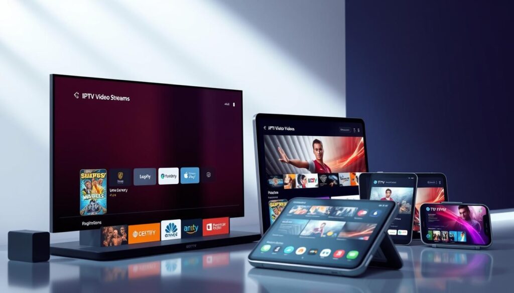 A modern, sleek IPTV app interface displayed on multiple devices, showcasing high-quality video streams, intuitive navigation, and a range of content options. The app's UI features a clean, minimalist design with bold typography, vibrant color accents, and seamless transitions between sections. The devices are arranged in a dynamic, eye-catching composition, highlighting the app's versatility across different platforms. Soft, directional lighting creates depth and emphasizes the technological sophistication of the IPTV solution. The overall scene conveys a sense of efficiency, user-friendliness, and the future of digital entertainment.