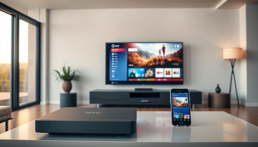 A modern, sleek living room with various digital devices prominently displayed. In the foreground, a high-end IPTV set-top box sits atop a media console, its elegant design complementing the minimalist decor. In the middle ground, a large 4K smart TV dominates the scene, its screen showing a vibrant, immersive IPTV interface. In the background, a smartphone and tablet can be seen, their screens mirroring the IPTV content, illustrating the seamless multidevice experience. Warm, natural lighting from floor-to-ceiling windows creates a cozy, inviting atmosphere, while clean lines and neutral tones convey a sense of modern sophistication.