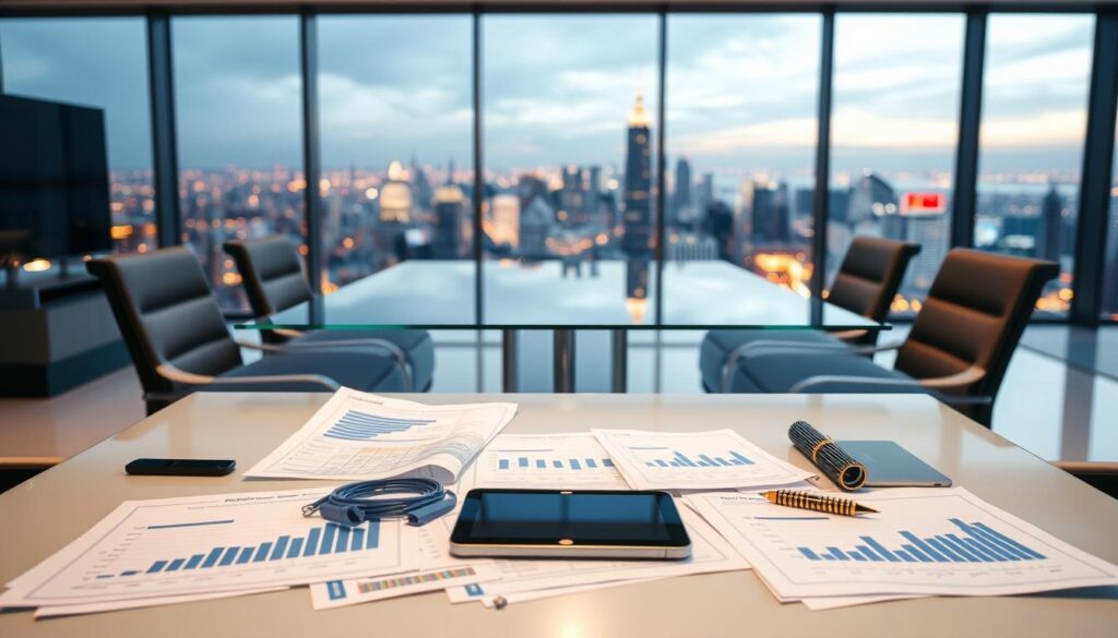 A modern, sleek office space with a large transparent glass table at the center. The table is surrounded by stylish chairs, subtly illuminated by soft, warm lighting. In the foreground, various financial documents, graphs, and a tablet display are neatly arranged, highlighting the idea of transparent and organized IPTV tariff models. The middle ground features a panoramic view of a vibrant city skyline, symbolizing the wide availability and accessibility of IPTV services. The background is softly blurred, creating a sense of depth and focus on the central elements. The overall atmosphere conveys a professional, high-tech, and visually appealing environment, perfectly suited to illustrate the section on "Transparente Tarifmodelle und Kostenvorteile bei IPTV".