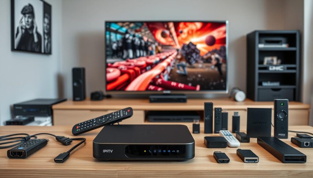 A modern, well-lit interior scene showcasing an array of IPTV receiver devices and accessories. In the foreground, a sleek and compact IPTV set-top box rests on a minimalist wooden shelf, surrounded by remote controls, HDMI cables, and neatly organized networking equipment. The middle ground features a range of IPTV dongles, USB-powered media players, and streaming sticks, each showcasing their various connectivity options and design features. In the background, a large flat-screen television displays a vibrant, high-definition video feed, highlighting the capabilities of the IPTV technology. The overall scene conveys a sense of technological sophistication and user-friendliness, suitable for illustrating the "Voraussetzungen für IPTV-Nutzung" section of the article.