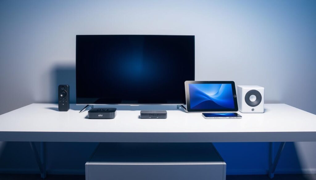 A neatly arranged display of modern streaming devices on a sleek, minimalist table. In the foreground, a 4K smart TV, streaming box, and wireless audio device sit side-by-side, their sleek designs and glowing indicator lights highlighting their technological capabilities. The middle ground showcases a tablet and smartphone, illustrating the versatility of streaming across devices. The background features a subtle gradient backdrop, creating a sense of depth and emphasis on the equipment. Soft, directional lighting accentuates the clean lines and glossy surfaces, evoking a professional, high-tech atmosphere suitable for showcasing the technical requirements for optimal streaming.