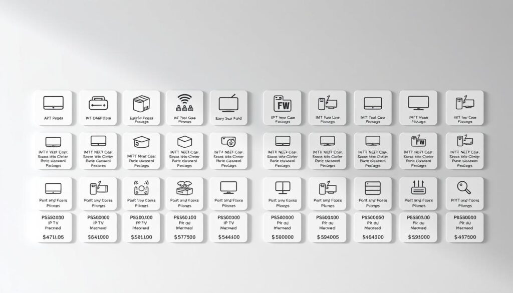 A neatly arranged grid of various IPTV subscription model icons and pricing information, set against a minimalist light grey background. The icons should clearly convey the different packages, features, and costs associated with popular IPTV services. The layout should be clean, modern, and easy to comprehend at a glance, highlighting the key differences between the models in an informative yet visually appealing manner. The lighting should be soft and even, with a slight depth-of-field effect to draw the viewer's attention to the central elements. The overall aesthetic should convey a sense of professionalism, reliability, and consumer-friendly comparison of IPTV options.