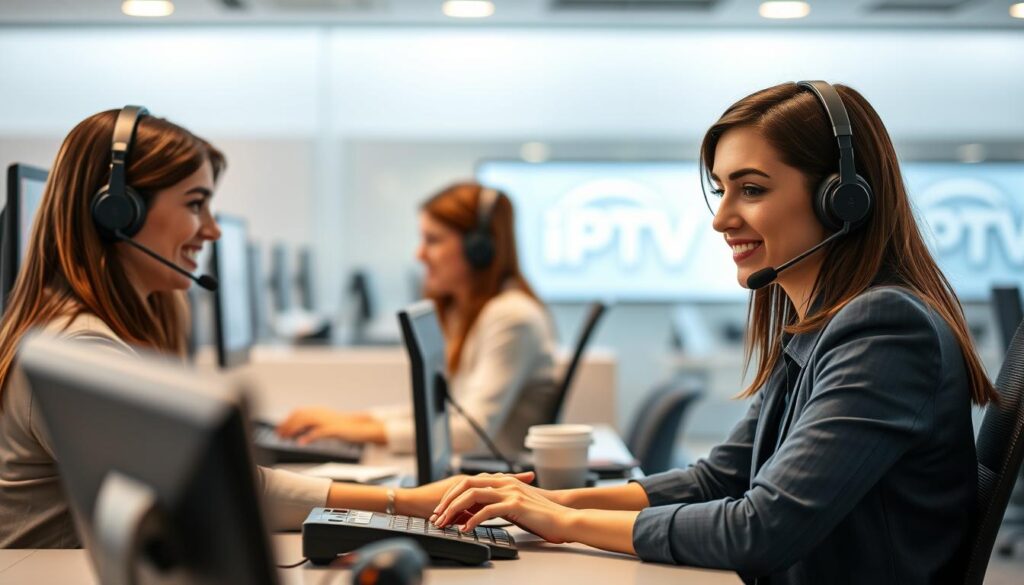 A professional call center with friendly agents, providing attentive IPTV customer support. The scene depicts a modern, well-lit office, with agents seated at their desks, headsets on, answering phone calls and assisting customers. The atmosphere is one of efficiency and care, with a sense of urgency to resolve any issues quickly and to the customer's satisfaction. The background features the IPTV provider's branding and logo, conveying a reliable, trustworthy service. Soft lighting and neutral tones create a calming, professional ambiance. The composition emphasizes the human element, with the agents' faces and body language conveying a helpful, empathetic demeanor.
