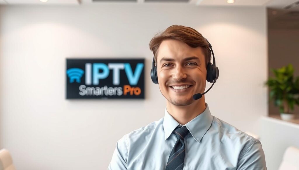 A professional customer support assistant standing in a modern, well-lit office, dressed in a collared shirt and tie, their friendly expression conveying a welcoming demeanor. A sleek, high-resolution IPTV Smarters Pro logo is prominently displayed on the wall behind them, framed by a minimalist design. The scene evokes a sense of expertise, reliability, and a commitment to providing excellent technical support.