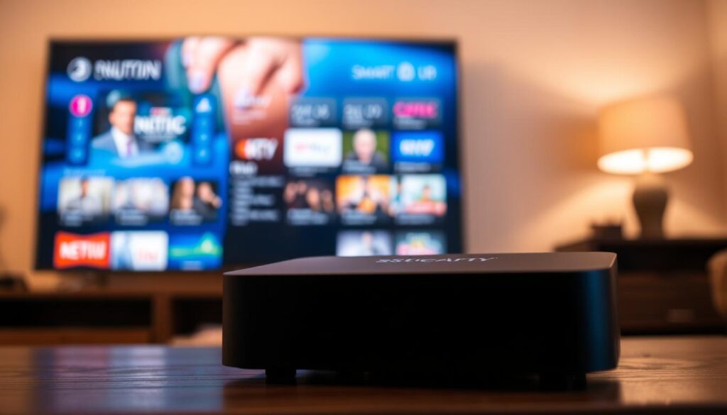A sleek and modern Sky Stream Box sits prominently in the foreground, its clean lines and matte black finish exuding a sense of high-tech sophistication. The device is illuminated by a soft, diffused lighting that casts gentle shadows, emphasizing its minimalist design. In the middle ground, a smart TV displays a vibrant, high-definition interface, showcasing the seamless integration of the Sky Stream Box. The background is a subtly blurred living room setting, with warm, earthy tones that create a cozy and inviting atmosphere, suggesting the comfort and convenience of a traditional home entertainment setup. The composition is balanced and harmonious, highlighting the Sky Stream Box as the centerpiece of this modern media solution.