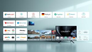 A sleek and modern comparison of IPTV providers, showcasing their services and features in a clean, minimalist layout. The foreground displays a grid of provider logos, each with a subtle hover effect to highlight key details. The middle ground features product shots and icons representing the various IPTV offerings, presented in a cohesive, visually appealing manner. The background subtly conveys a sense of German efficiency and reliability, with a muted color palette and geometric patterns hinting at the disciplined nature of the IPTV industry. Soft, directional lighting creates depth and emphasizes the high-quality, professional nature of the IPTV market in Germany.