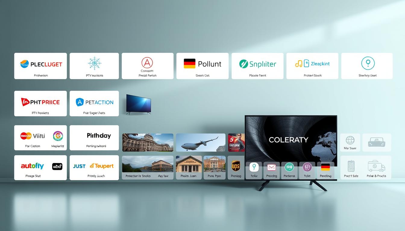 A sleek and modern comparison of IPTV providers, showcasing their services and features in a clean, minimalist layout. The foreground displays a grid of provider logos, each with a subtle hover effect to highlight key details. The middle ground features product shots and icons representing the various IPTV offerings, presented in a cohesive, visually appealing manner. The background subtly conveys a sense of German efficiency and reliability, with a muted color palette and geometric patterns hinting at the disciplined nature of the IPTV industry. Soft, directional lighting creates depth and emphasizes the high-quality, professional nature of the IPTV market in Germany.
