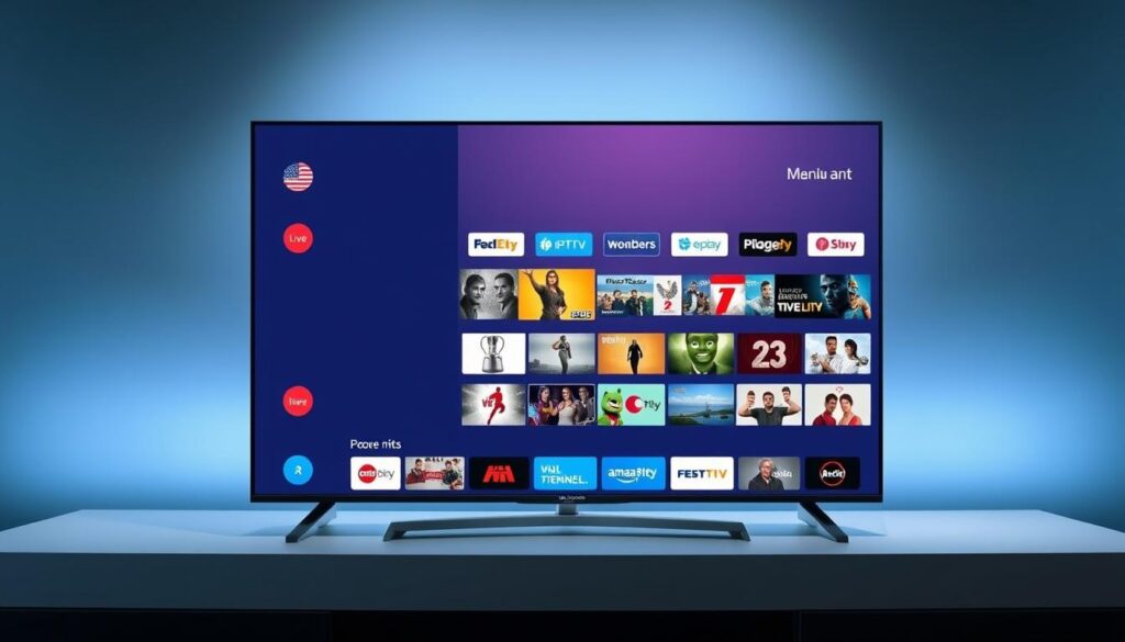 A sleek and modern interface of the Smart IPTV Pro app, showcasing a clean and intuitive design. The foreground displays a large, clear display of the app's main menu, with crisp icons and easy-to-navigate options. The middle ground features a selection of popular live TV channels and on-demand content, presented in a visually appealing grid layout. The background subtly blends shades of blue and gray, creating a calming and sophisticated atmosphere that complements the app's user experience. The lighting is soft and diffused, highlighting the app's clarity and responsiveness. The entire scene conveys the seamless integration and advanced functionality of the Smart IPTV Pro platform for German users.