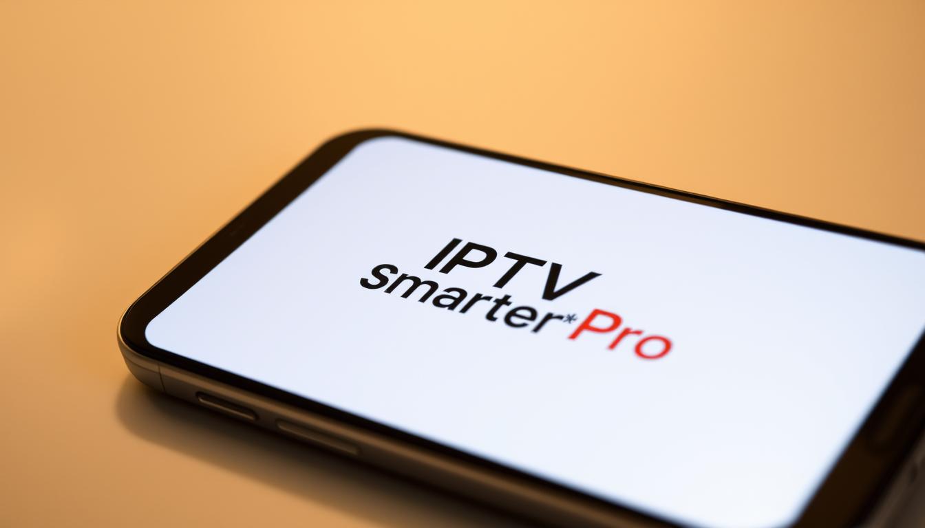 A sleek and modern-looking Android mobile app interface with the "IPTV Smarters Pro" logo prominently displayed on a clean, minimalist background. The app's main menu and navigation options are visible, showcasing its intuitive and user-friendly design. The screen is lit by soft, warm lighting, creating a premium and sophisticated atmosphere. The camera angle captures the app in a slightly elevated and angled perspective, giving it a sense of depth and dimension. The overall composition emphasizes the app's key features and functionality, making it an appealing visual representation for an article on the benefits of using Smart IPTV Pro in Germany.