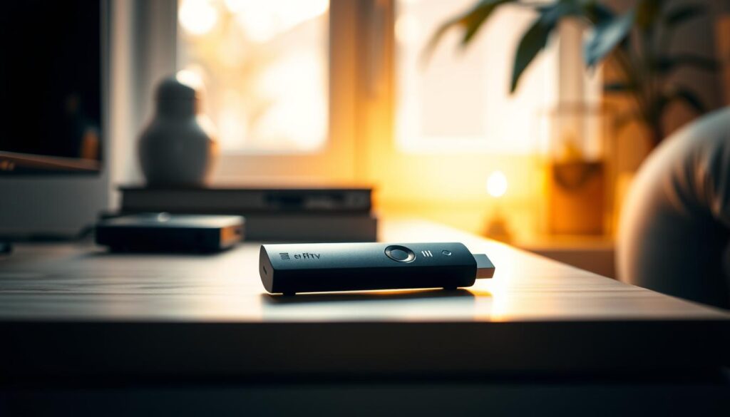 A sleek, black IPTV streaming device rests on a minimalist, wooden surface, casting a soft, ambient glow. The device is positioned prominently, surrounded by subtle environmental details that evoke a modern, tech-savvy home. Warm lighting from a nearby window illuminates the scene, creating a cozy and inviting atmosphere. The image conveys the simplicity and convenience of the IPTV stick, highlighting its seamless integration into a contemporary living space.