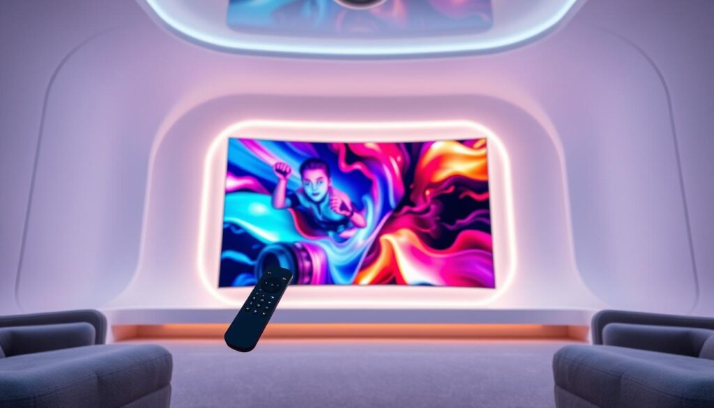 A sleek, futuristic interior with a large, curved OLED display dominating the center. The display shows a vibrant, high-quality IPTV stream with sharp, detailed imagery and smooth motion. Soft, ambient lighting bathes the scene, creating a modern, minimalist aesthetic. In the foreground, a modern, wireless remote control hovers, hinting at the seamless user experience. The background features clean, geometric lines and neutral tones, reflecting the technical and legal aspects of IPTV streaming in Germany.