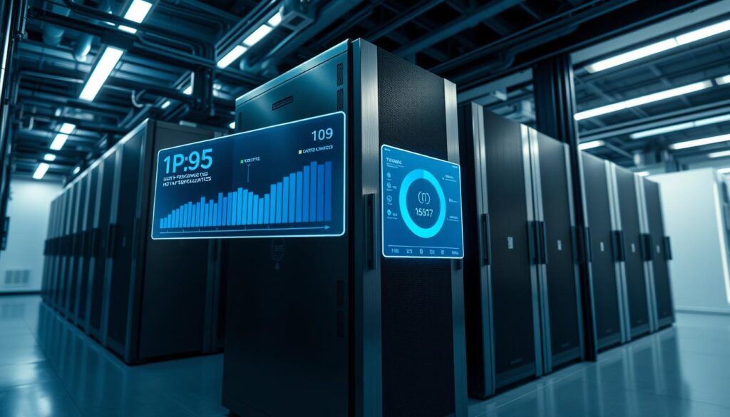 A sleek, high-performance server rack stands prominently in a dimly lit, modern data center. The server's brushed metal exterior gleams under strategically placed soft lighting, suggesting advanced technology and reliability. In the foreground, a holographic display shows real-time analytics and connection information, visualizing the server's stability and lightning-fast response times. The background features a glimpse of the data center's clean, minimalist architecture, with cables neatly organized and cooling systems humming softly. The overall scene conveys a sense of power, efficiency, and the premium-quality infrastructure that powers the IPTV service.