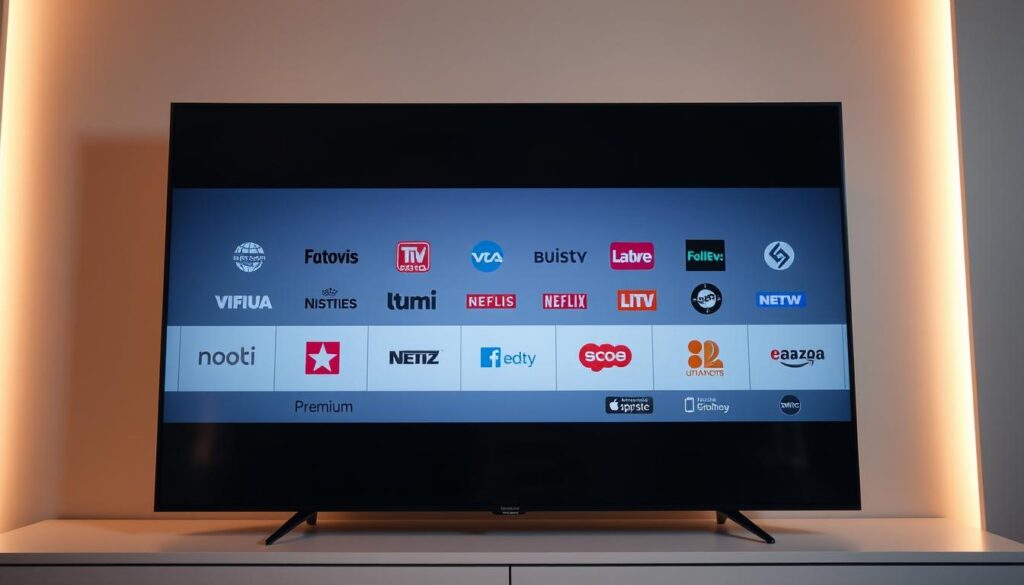 A sleek, minimalist television interface displaying a carefully curated list of premium television channel logos. The screen is clean and uncluttered, with the channel icons arranged in a visually appealing grid layout. Soft, warm lighting illuminates the display, creating a sense of quality and exclusivity. The entire scene is captured with a high-quality camera lens, rendering the image sharp and detailed. The atmosphere conveys a sense of curation and discerning taste, befitting the "m3u liste privatsender iptv top kanale" subject matter.