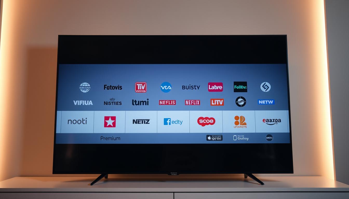 A sleek, minimalist television interface displaying a carefully curated list of premium television channel logos. The screen is clean and uncluttered, with the channel icons arranged in a visually appealing grid layout. Soft, warm lighting illuminates the display, creating a sense of quality and exclusivity. The entire scene is captured with a high-quality camera lens, rendering the image sharp and detailed. The atmosphere conveys a sense of curation and discerning taste, befitting the "m3u liste privatsender iptv top kanale" subject matter.