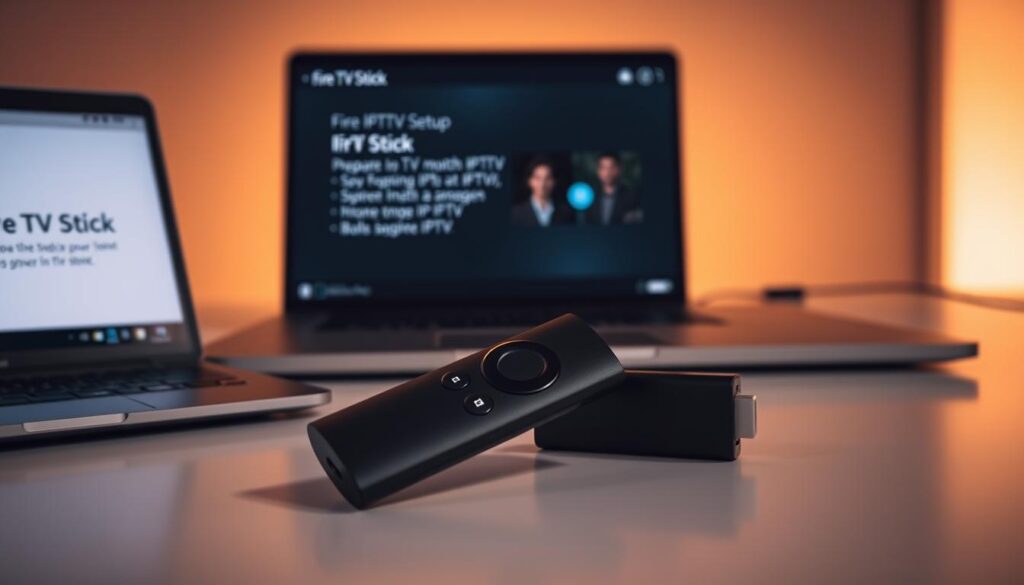 A sleek, modern Fire TV Stick rests on a minimalist desk, surrounded by a minimalist remote control and a laptop displaying IPTV setup instructions. The scene is bathed in warm, directional lighting, casting dramatic shadows and highlighting the device's clean lines. The background is a simple, uncluttered studio setting, allowing the Fire TV Stick to take center stage. The overall mood is one of focused simplicity, guiding the viewer's attention to the task at hand - preparing the Fire TV Stick for an IPTV installation.