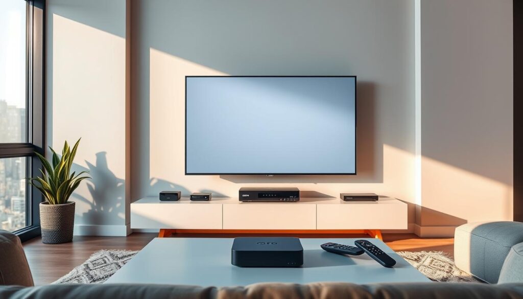A sleek, modern living room with a clean, minimalist design. In the center, a large flat-screen TV displays a crisp, vibrant image, surrounded by various IPTV devices neatly arranged on a minimalist TV stand. The devices, including a streaming box, a set-top box, and a smart TV remote, are depicted in a way that showcases their compatibility and seamless integration with the IPTV setup. The room is bathed in warm, natural lighting, creating a cozy and inviting atmosphere. The overall composition suggests the ease and versatility of IPTV technology in a contemporary home environment.