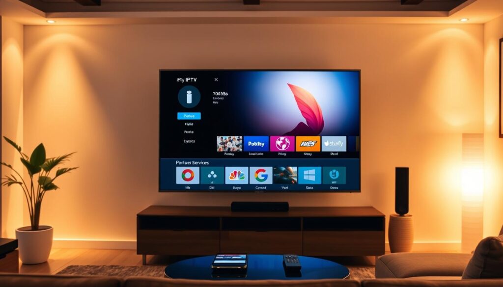 A sleek, modern living room with a large flatscreen TV displaying an IPTV service interface. The room is bathed in warm, ambient lighting, creating a cozy atmosphere. On a side table, a smartphone and remote control are placed, suggesting the user's interaction with the IPTV system. The walls are adorned with minimalist decor, and a potted plant adds a touch of greenery to the scene. The overall composition conveys a sense of troubleshooting and resolving common IPTV issues in a comfortable, home setting.