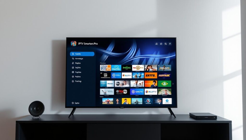 A sleek, modern-looking IPTV application interface with a clean, minimalist design. The main focus is a large, high-resolution screenshot of the "IPTV Smarters Pro" app, showcasing its intuitive user experience and feature-rich functionality. The screen is displayed against a soft, muted background, with subtle lighting from the side to accentuate the detail and clarity of the app's visuals. The overall mood is one of professionalism, utility, and technological sophistication, reflecting the advantages and benefits of using this IPTV management tool.