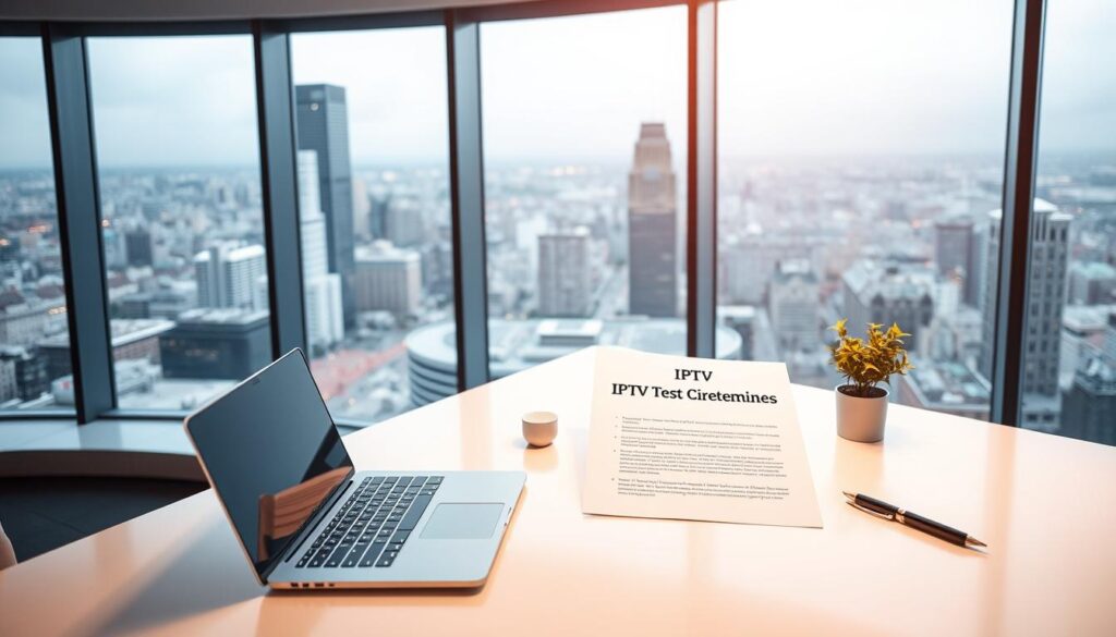 A sleek, modern office setting with a minimalist aesthetic. A large, curved glass window in the background offers a panoramic view of a bustling cityscape. In the foreground, a clean, white desk with a sleek, aluminum laptop. Atop the desk, a neatly arranged array of office supplies - a pen holder, a small plant, and a crisp, white document titled &amp;quot;IPTV Test Kriterien&amp;quot;. Warm, directional lighting casts a soft glow across the scene, creating a professional, and focused atmosphere. The overall composition emphasizes simplicity, organization, and attention to detail, perfectly suited to illustrate the &amp;quot;Kriterien für die Auswahl des besten IPTV Tests&amp;quot; section.