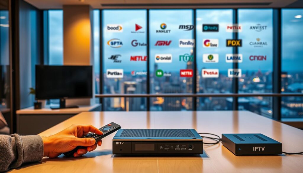 A sleek, modern office setting with a prominent desk featuring an IPTV set-top box and remote control. The foreground showcases the testing process, with a person's hands interacting with the device. The middle ground displays various IPTV service provider logos, hinting at the range of options available. The background features a large window overlooking a vibrant cityscape, creating a sense of professionalism and progress. The lighting is warm and inviting, with a subtle focus on the testing equipment to convey a sense of evaluation and assessment. The overall atmosphere evokes a sense of technological innovation and consumer empowerment.