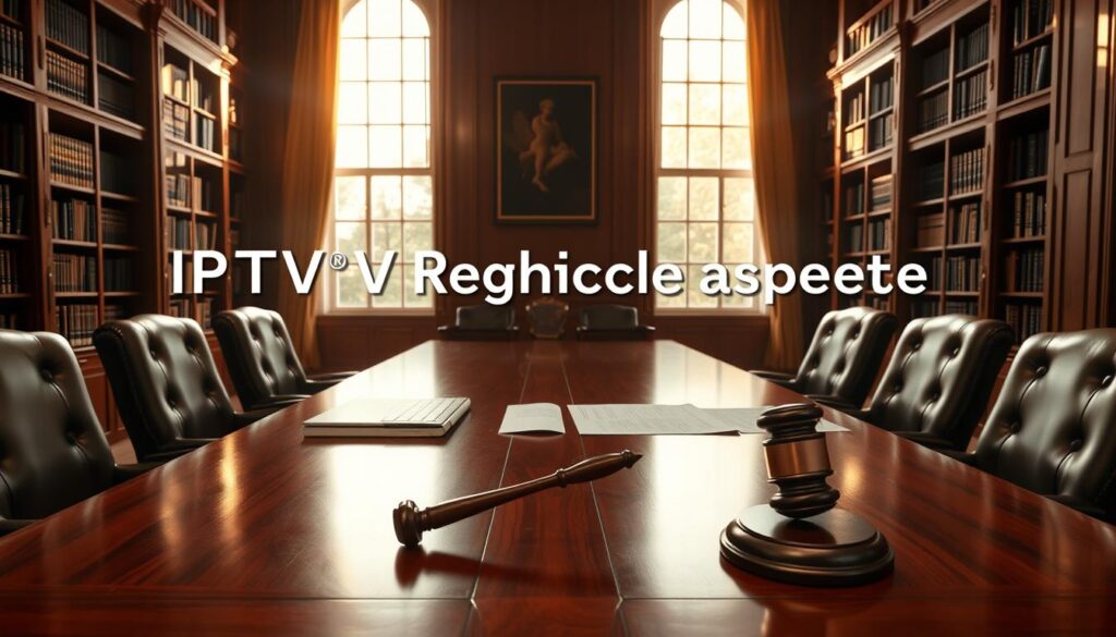 A sophisticated legal conference room with a large mahogany table, plush leather chairs, and floor-to-ceiling bookshelves lining the walls. Sunlight filters in through large windows, casting a warm glow over the scene. On the table, a laptop, legal documents, and a gavel rest, symbolizing the serious legal proceedings taking place. The mood is one of thoughtful contemplation and careful consideration of the legal issues at hand. The composition emphasizes the gravity and importance of the topic, "IPTV Rechtliche Aspekte", which is the central focus of the image.