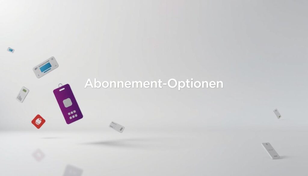A stylish and minimalist image showcasing various subscription options. In the foreground, different pass icons or symbols representing various subscription tiers or packages float elegantly, each with a distinct design and color palette. The middle ground features a clean, modern interface with sleek typography highlighting the "Abonnement-Optionen" title, complemented by subtle gradient backgrounds. The background maintains a soft, blurred focus, creating depth and directing the viewer's attention to the central subscription elements. The overall mood is one of sophistication, clarity, and a premium user experience, reflecting the high-quality IPTV service being described in the article.