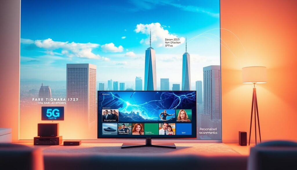 A vibrant and modern illustration of the benefits of IPTV over traditional TV. In the foreground, a sleek flat-screen TV displaying crystal-clear, high-definition content. The middle ground features an array of streaming devices, smart home integration, and personalized recommendations. In the background, a cityscape with towering skyscrapers and a 5G network, symbolizing the technological advancements that enable IPTV's superior performance. The lighting is warm and inviting, creating a sense of comfort and connectivity. The overall composition conveys the flexibility, convenience, and future-forward nature of IPTV compared to the limitations of conventional television.