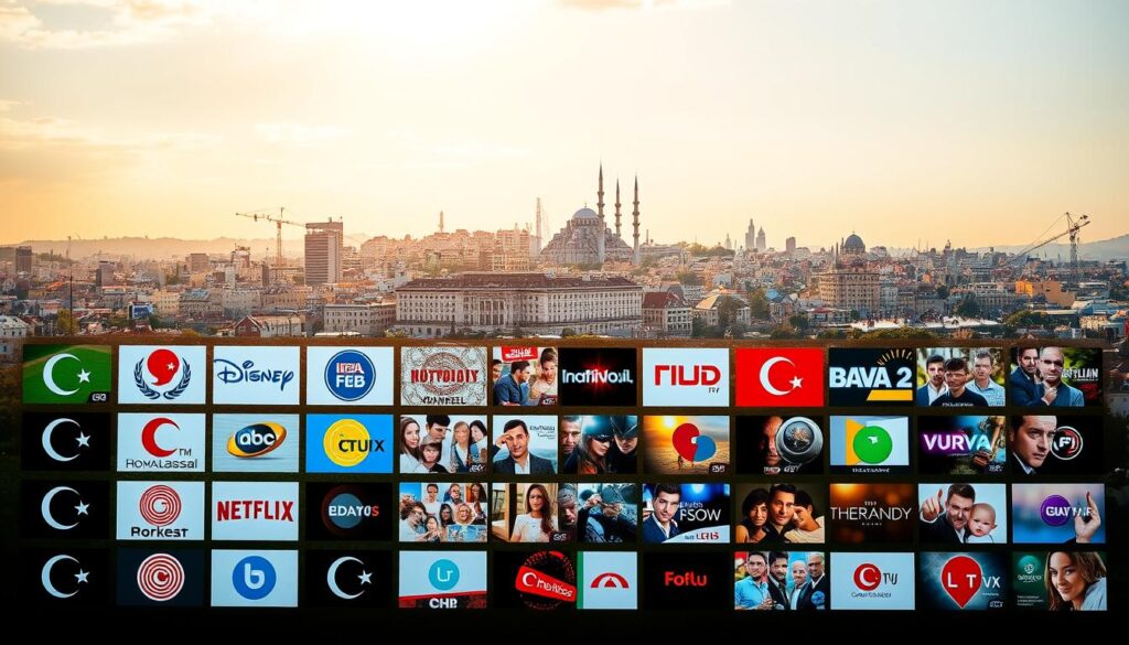 A vibrant collage showcasing an array of Turkish TV channels and content. In the foreground, a selection of channel logos and icons are elegantly displayed, each reflecting the unique styles and branding of the respective networks. The middle ground features a grid of high-definition channel thumbnails, offering a glimpse into the diverse programming available. In the background, a sweeping panoramic view of the Istanbul skyline serves as a captivating backdrop, evoking the rich cultural heritage of Turkey. The overall scene is bathed in warm, golden lighting, creating a sense of inviting familiarity. The composition is balanced and visually striking, drawing the viewer's attention to the wealth of Turkish television options.