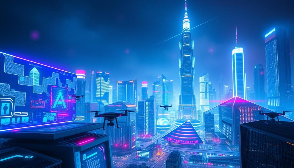 A vibrant, futuristic cityscape bathed in a glow of ultra-high-definition technology. In the foreground, a sleek, angular architecture with holographic displays and interactive interfaces. Hovering drones and floating vehicles populate the middle ground, seamlessly integrated with the urban landscape. In the background, a towering skyline of gleaming skyscrapers and pulsing data centers, their facades adorned with mesmerizing light patterns. The scene is illuminated by a cool, electric palette of blues and purples, creating an atmosphere of cutting-edge innovation and boundless potential. Subtle lens flares and depth-of-field blur enhance the cinematic quality, drawing the viewer into this vision of a technologically advanced future.