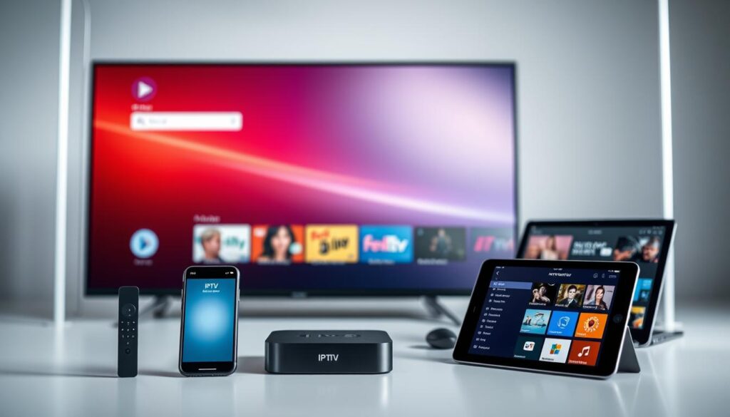 A well-lit and visually appealing image showcasing a variety of compatible devices for an IPTV service in Germany. In the foreground, a sleek smart TV, a modern streaming box, and a smartphone with a media player app open. In the middle ground, a laptop and a tablet, both displaying IPTV service menus. In the background, a minimalist, tech-inspired setting with clean lines and neutral tones. The devices are arranged in a harmonious, visually balanced composition, conveying the seamless multi-screen experience of the IPTV service. The overall mood is one of technological sophistication and user-friendliness.