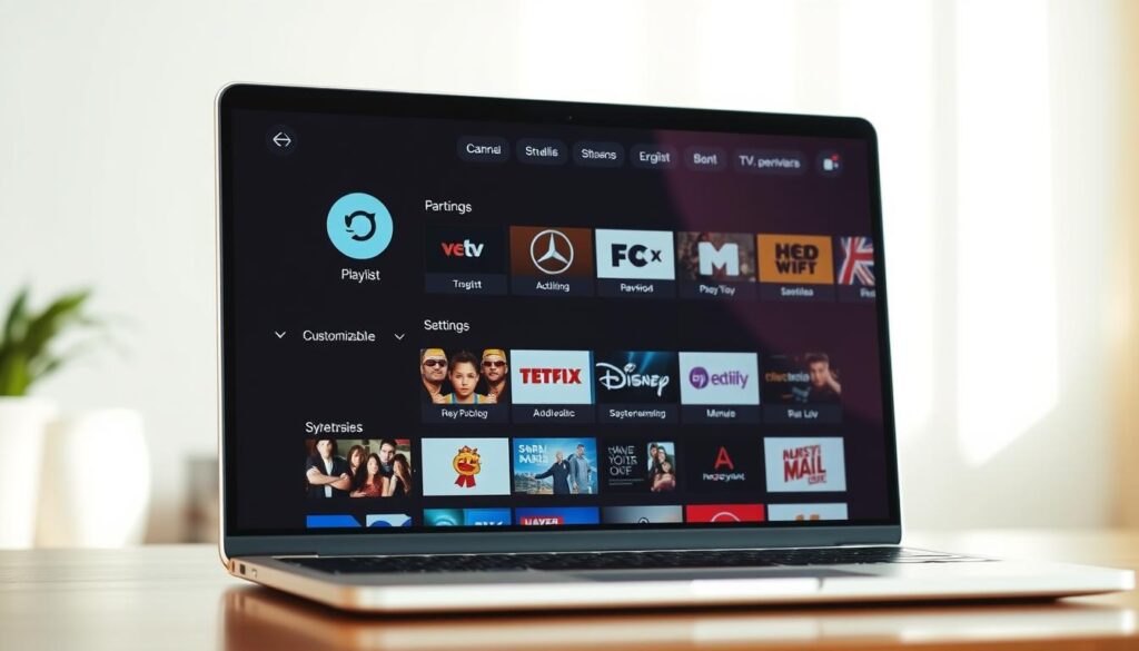 A well-lit, high-resolution image of a laptop or desktop computer screen displaying the interface of a smart IPTV app or service. The screen shows a customizable playlist with various TV channels and streaming services neatly organized. The overall layout appears intuitive and user-friendly, with clear instructions and settings options. The image conveys a sense of control and confidence in setting up and managing the smart IPTV system. The background blurs softly, keeping the focus on the screen and its contents. The lighting is natural and warm, creating a inviting atmosphere.