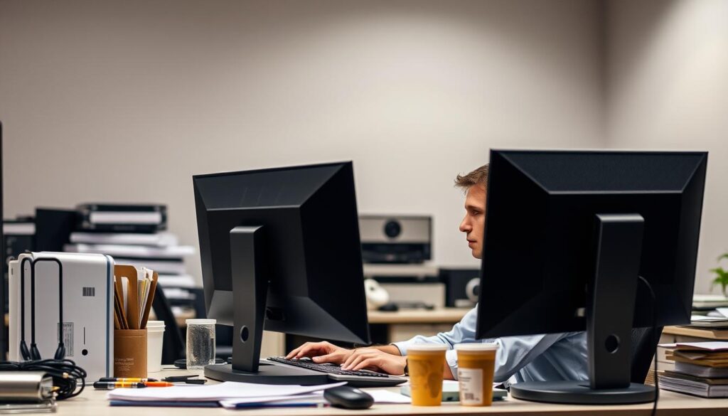 A well-lit office setting with a customer service representative sitting at a desk, intensely focused on a computer monitor, surrounded by various office supplies and equipment. The representative wears a professional attire, exuding a sense of expertise and dedication. The background features muted tones and minimal clutter, allowing the subject to take center stage. The overall atmosphere conveys a feeling of efficient, personalized support for IPTV resellers, with the representative ready to assist with any inquiries or concerns.