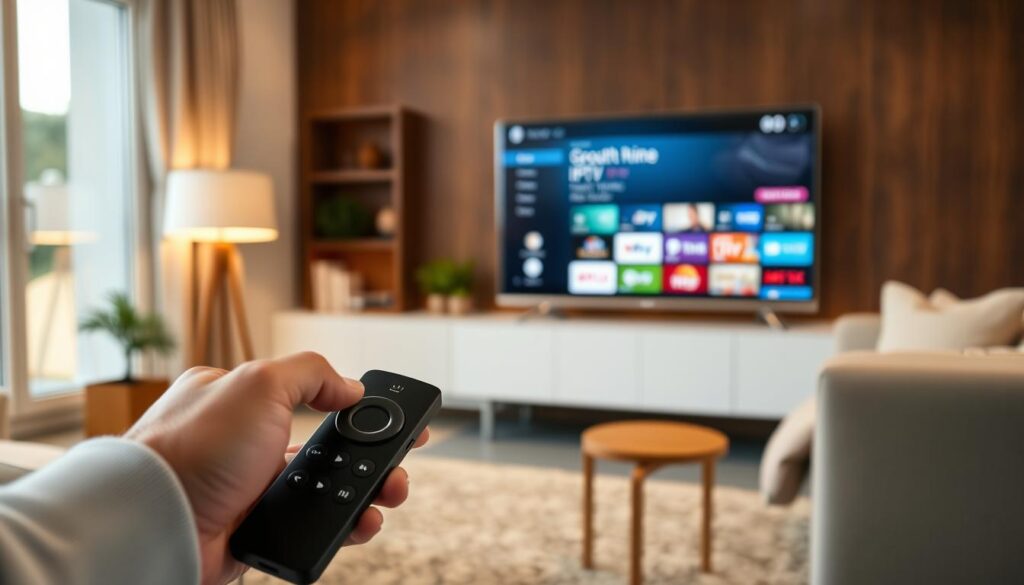 A well-organized home entertainment setup with a Fire TV Stick and IPTV service. In the foreground, a user's hands manipulating the Fire TV Stick remote, navigating the on-screen menus. The middle ground shows the Fire TV Stick connected to a modern flatscreen television, displaying a sleek IPTV service interface with channel listings and program information. The background depicts a cozy living room setting, with warm lighting, plush furniture, and minimal decor, creating a inviting atmosphere for enjoying the IPTV experience. The overall scene conveys the ease and convenience of setting up an IPTV service on the Fire TV Stick for home entertainment.