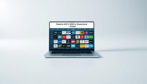 A wide, high-resolution image of a German IPTV channel list displayed on a modern, minimalist laptop or tablet screen. The screen is positioned in the middle ground, with a clean, white or light-colored background in the foreground and background. The screen shows a scrollable interface with a grid or list of IPTV channel logos and names, with a focus on the "Deutsche M3U 2025 für Deutschland - Aktuell" title prominently displayed at the top. The image has a cool, professional tone with soft, even lighting and a shallow depth of field, drawing the viewer's attention to the screen and channel list details.