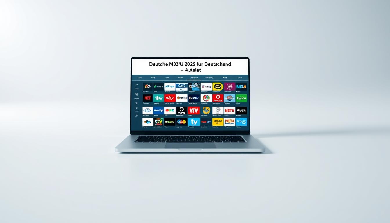 A wide, high-resolution image of a German IPTV channel list displayed on a modern, minimalist laptop or tablet screen. The screen is positioned in the middle ground, with a clean, white or light-colored background in the foreground and background. The screen shows a scrollable interface with a grid or list of IPTV channel logos and names, with a focus on the "Deutsche M3U 2025 für Deutschland - Aktuell" title prominently displayed at the top. The image has a cool, professional tone with soft, even lighting and a shallow depth of field, drawing the viewer's attention to the screen and channel list details.