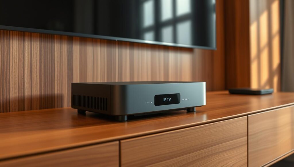 An IPTV device with a sleek, modern design sits prominently on a minimalist, wood-paneled media console. The device's front panel features a subtle LED display, while the top surface gently curves, giving it a premium, high-tech aesthetic. Warm, directional lighting casts soft shadows, highlighting the device's clean lines and attention to detail. The scene is captured from a low, slightly elevated angle, emphasizing the IPTV device's central role within the sophisticated, understated home entertainment setup.