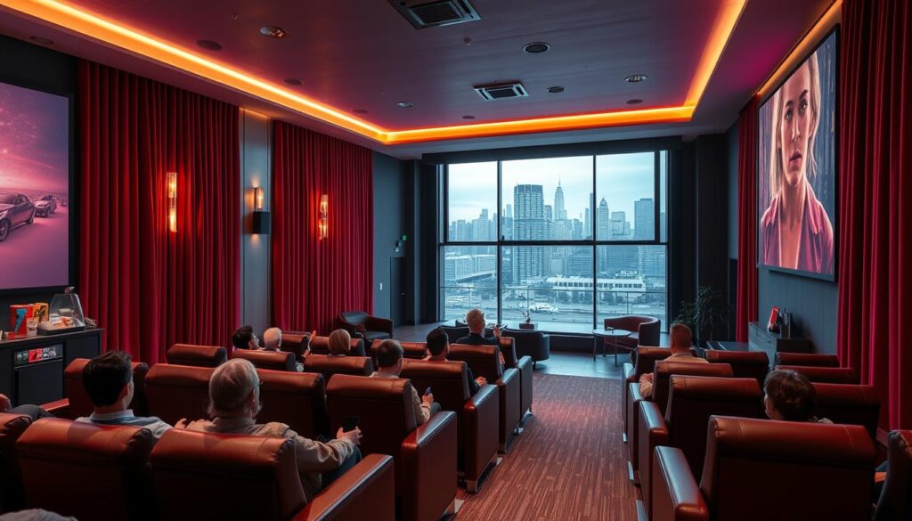 An elegant cinema interior with plush red velvet curtains, warm lighting, and a large movie screen. In the foreground, a group of people sit comfortably on modern leather armchairs, engrossed in the latest blockbuster. The middle ground features a concession stand with various snacks and drinks, while the background showcases a sleek, minimalist lobby with floor-to-ceiling windows offering a view of a bustling city skyline. The overall atmosphere is one of relaxation and immersion, perfect for enjoying a diverse range of films and series on-demand.
