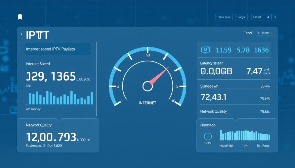 Detailed illustration of IPTV internet speed, showcasing the technical requirements for using IPTV playlists. A modern, minimalist digital dashboard display in shades of blue and gray, with sleek typography and infographic elements. The central focus is a dynamic speedometer visualizing the internet connection speed, complemented by supporting metrics such as latency, bandwidth, and network quality. The background features a subtle grid pattern or abstract data visualization, conveying the digital and technological nature of the subject matter. The overall aesthetic is clean, informative, and optimized for an article on the technical aspects of IPTV consumption in Germany.