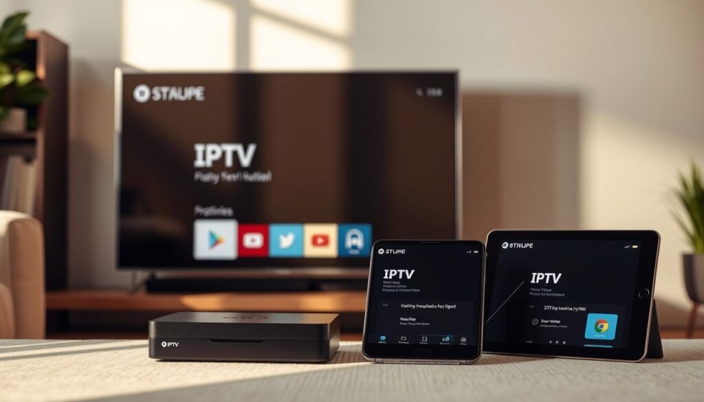 Detailed image of the setup and installation of IPTV on various devices. A sleek, modern living room setting with a large flat-screen TV, a streaming device, a smartphone, and a tablet. Warm, natural lighting highlights the devices, creating a cozy, tech-savvy atmosphere. The TV displays an IPTV interface, while the other devices showcase different stages of the IPTV setup process. Emphasis on the ease and versatility of IPTV integration across multiple platforms. Minimal, clean design with muted colors that complement the contemporary living space.