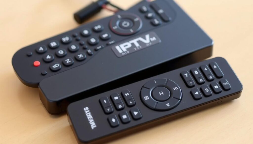 Ein Bild eines IPTV Sticks mit Fernbedienung