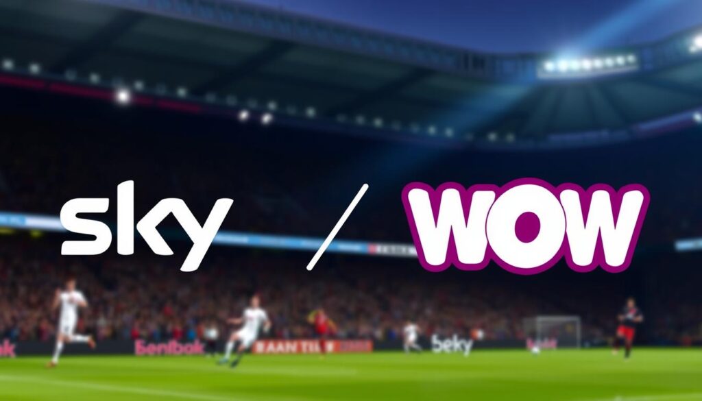 Ein Bild von Sky und WOW Logos mit Fußball-Elementen