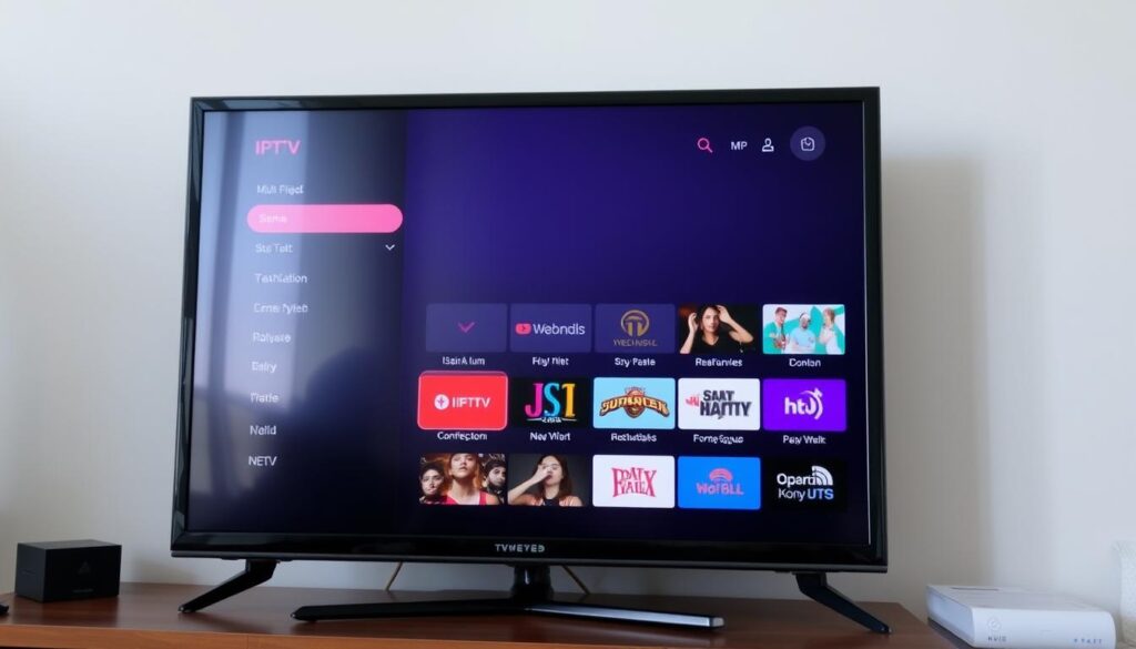 Ein Bild von einem Fernsehgerät mit einem IPTV-Menü auf dem Bildschirm